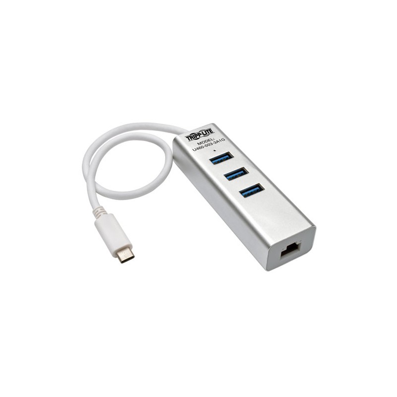 Tripp Lite Portable USB 3.1 Gen 1 Gigabit Ethernet Adapter with 3-Port Hub, USB Type-C (USB-C) Cable, Aluminum