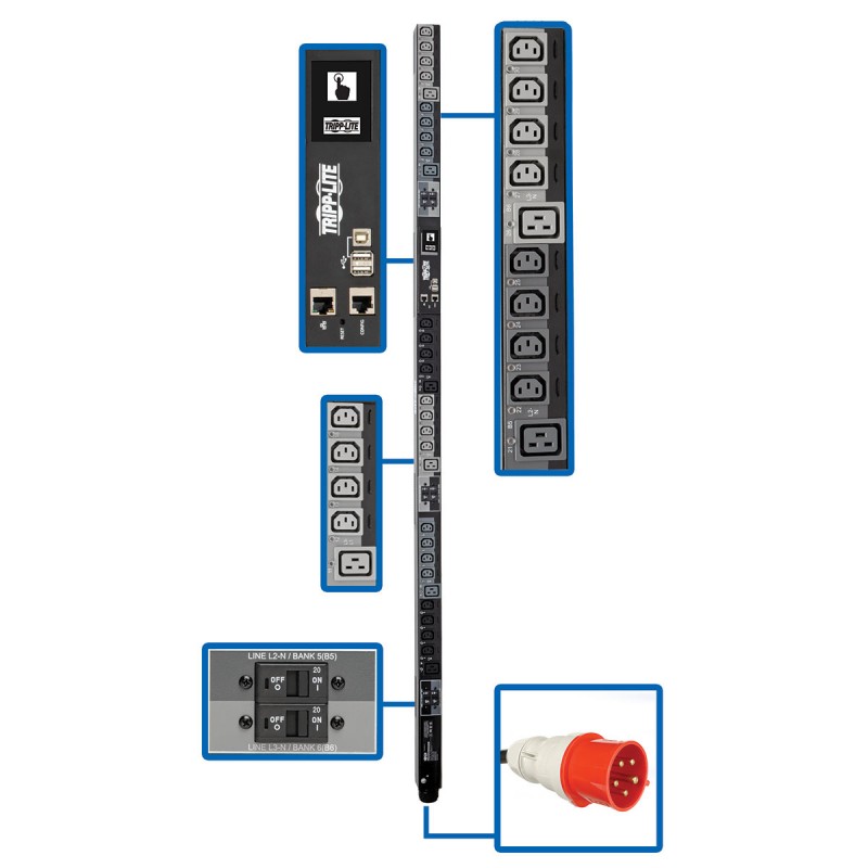 Tripp Lite 22.2kW 3-Phase Switched PDU, LX Platform Interface, 220/230V Outlets (24 C13/6 C19), Touchscreen LCD, IEC 309 32A Red