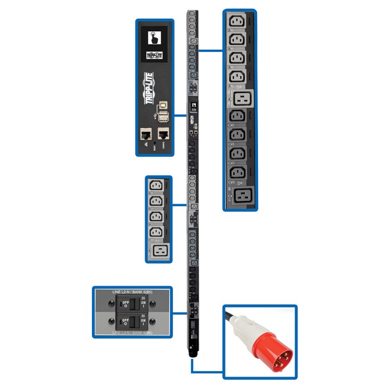 Tripp Lite 27.7kW 3-Phase Switched PDU, LX Platform Interface, 220/230V Outlets (24 C13/6 C19), Touchscreen LCD, IEC 309 63A Red