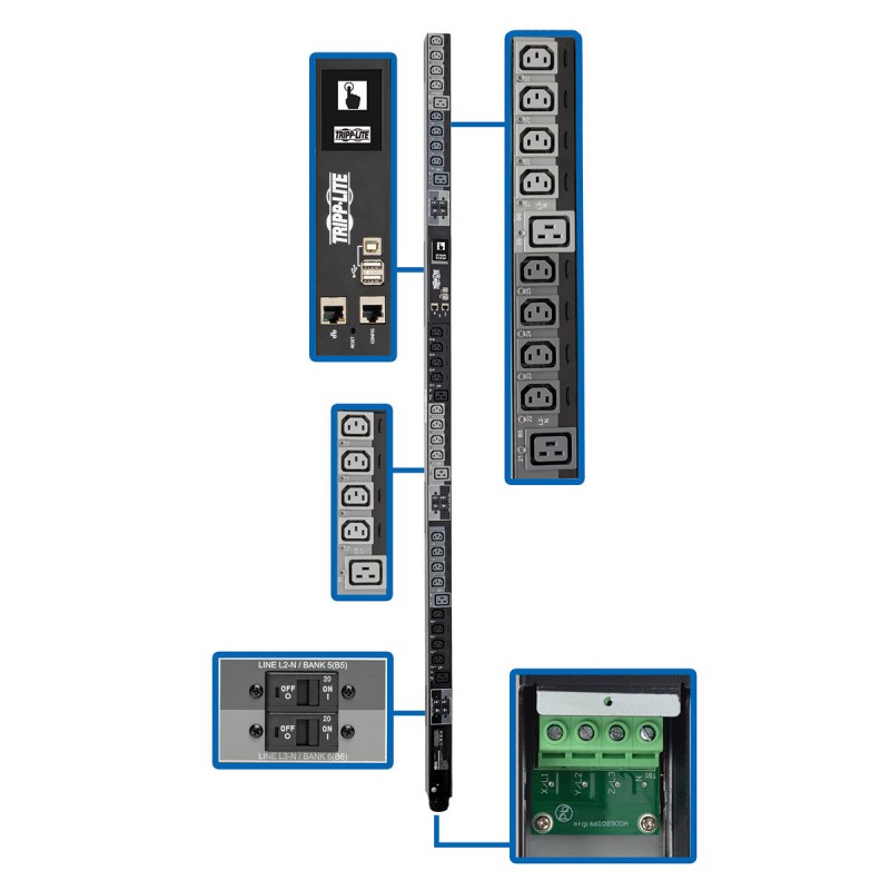 Tripp Lite 28.8kW 3-Phase Switched PDU, LX Platform Interface, 220/230/240V Outlets (24 C13/6 C19), LCD, Hardwire 380/400/415V I