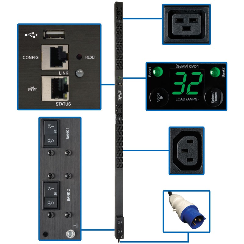 Tripp Lite 7.4kW Single-Phase Monitored PDU, LX Interface, 230V Outlets (36 C13/6 C19), IEC 309 32A Blue, 3.05 m Cord, 0U 1.8m H