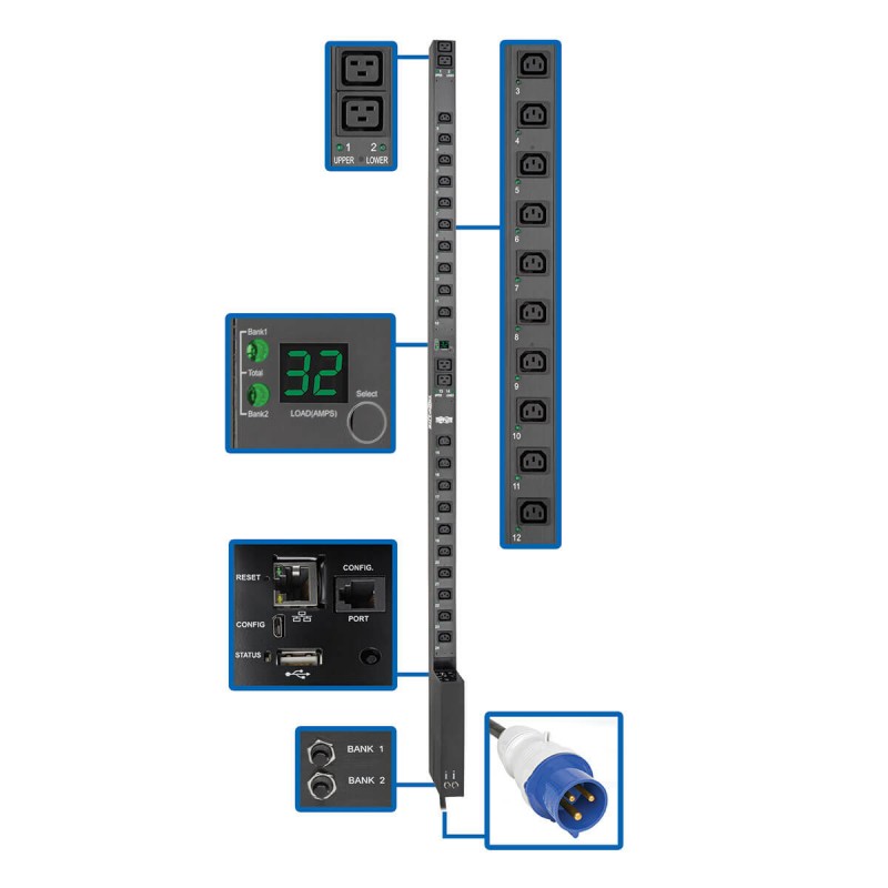 Tripp Lite 7.4kW Single-Phase Switched PDU w/LX Platform Interface, 230V Output, IEC 309 32A Blue, 3.05 m Cord, 0U
